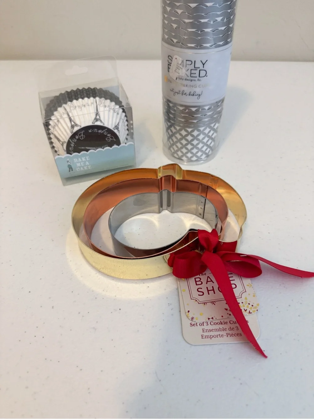 NWT Baking Set- Paris Cupcake Liners, Silver Baking Cups, 3-Pk Cookie Cutters
